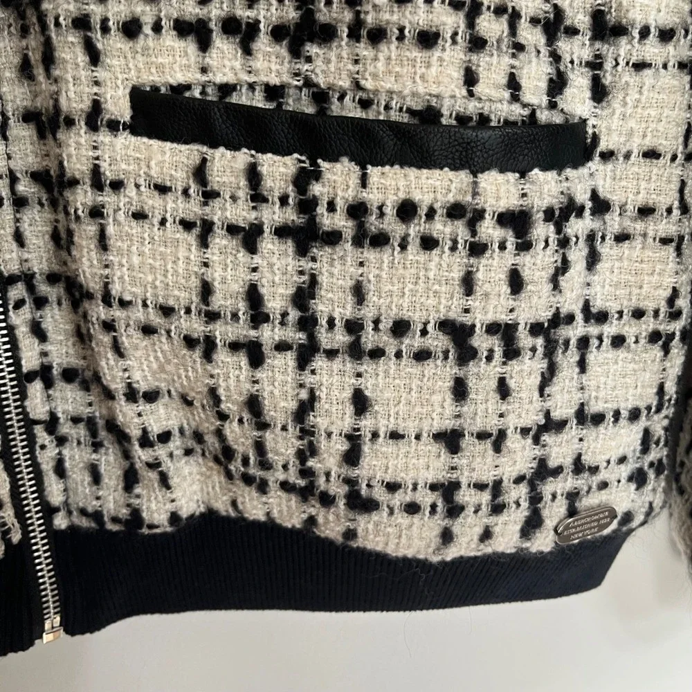 Abercrombie & Fitch Women Tweed Bomber Jacket Wool Blend Black Cream‎ Large L